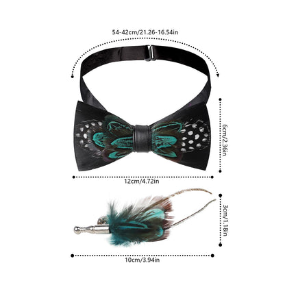 OhMill Men’s Handmade Feather Bow Tie Adjustable Leather Pre Tied Bowtie and Brooch Sets for Weddings Groom Prom Parties
