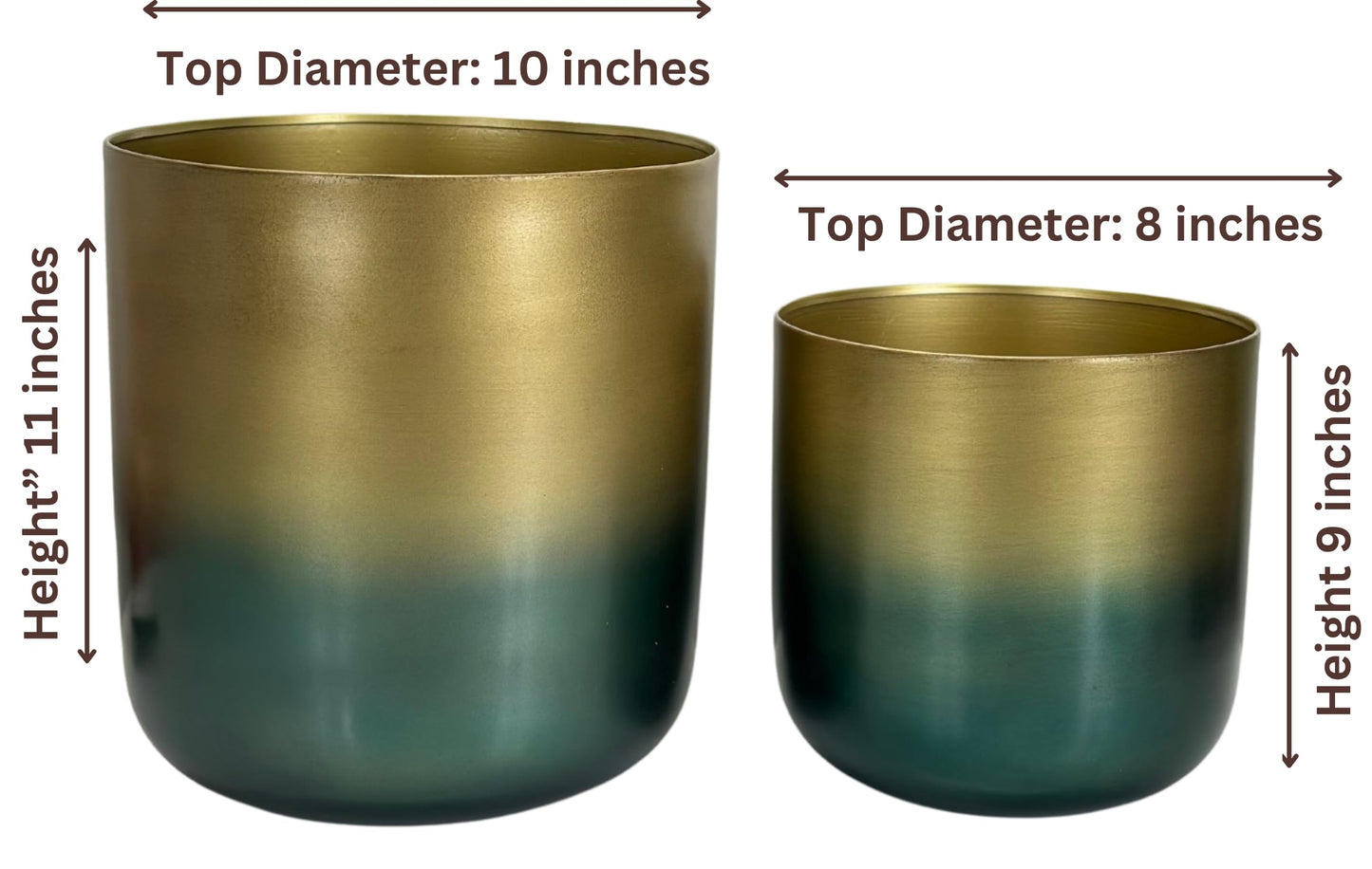 Set of 2 Luxury Brass Planters with Patina Finish – 10” & 8” Round Metal Indoor Plant Pots – Modern Decorative Flowerpots for Living Dining Room, Office, Balcony & Entryway – Stylish Home Décor Accent