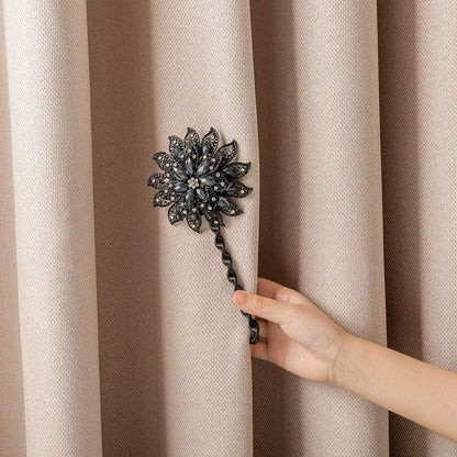 SUQ I OME Classic Luxury Big Crystal Curtain Magnetic Tieback Flower Curtain Clips Buckle with Stretchy Wire Rope for Home Office Decoration(Black,2PCS)