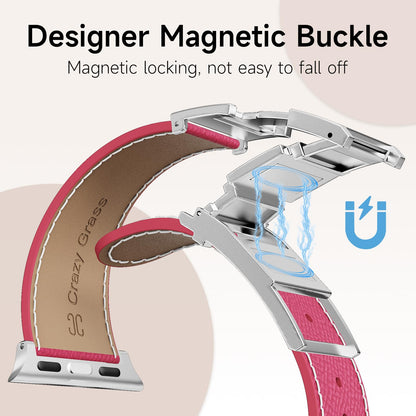 Leather Band Compatible with Apple Watch 49mm46mm45mm44mm42mm41mm 40mm38mm,Stylish Magnetic H Buckle Strap for iWatch Ultra 2/1/SE/Series 10/9/8/7/6/5/4/3/2/1 Women Men (Pink Band+Silver H Buckle, 38mm40mm41mm42mm)