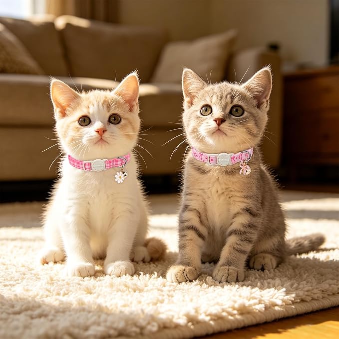 2 Pack Pink Cat Collars - Spring Summer Pink Bow Breakaway Cat Collar with Bell, Adjustable Cute Pink Plaid Kitten Collars for Girl Cats, 7-12 Inch