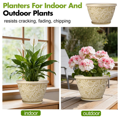 Nooulap 4 Pack 10 Inch Plant Pot with Drainage & Saucer, Plastic Flower Pots Outdoor Indoor, Beige Planters with Gold Flower Partten, for Patio, Garden Home Decor