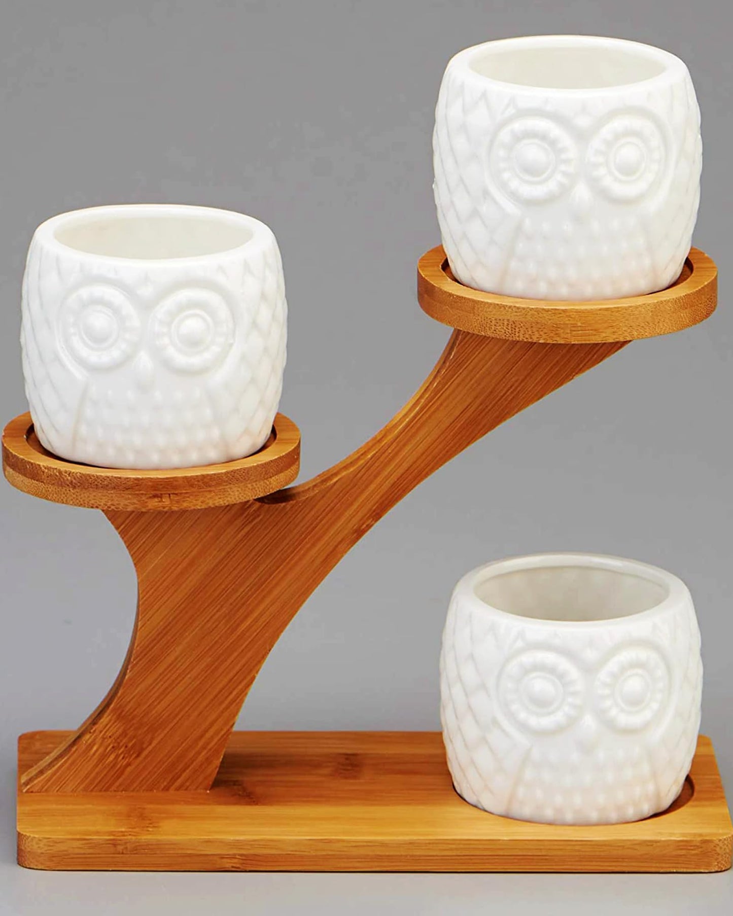 FLOWERPLUS Planter Pots Indoor, 3 Pack 3 Inch White Ceramic Decorative Small Owl Succulent Cactus Flower Plant Pot with Tree Tier Bamboo Stand for Garden Kitchen Home Office Desk Decorations