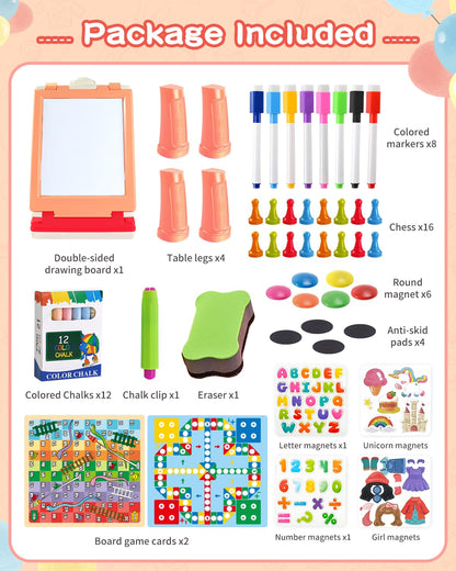 Elovien Foldable Art Easel for Kids, Double Sided with Chalkboard & Magnetic Dry Erase Board, Height Adjustable Desktop Easel, Educational Gift for Girls (Pink)