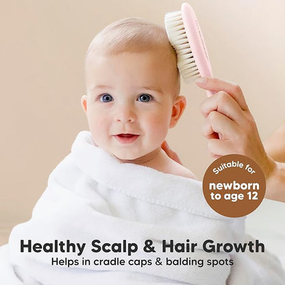 Baby Hair Brush Set for Newborns - Soft Goat Bristle Wooden Baby Brush and Comb Set Newborn Grooming Kit for Cradle Cap, Durable & Gentle, Boy, Girl Infant Essentials Care Kit (Regular, Blush)