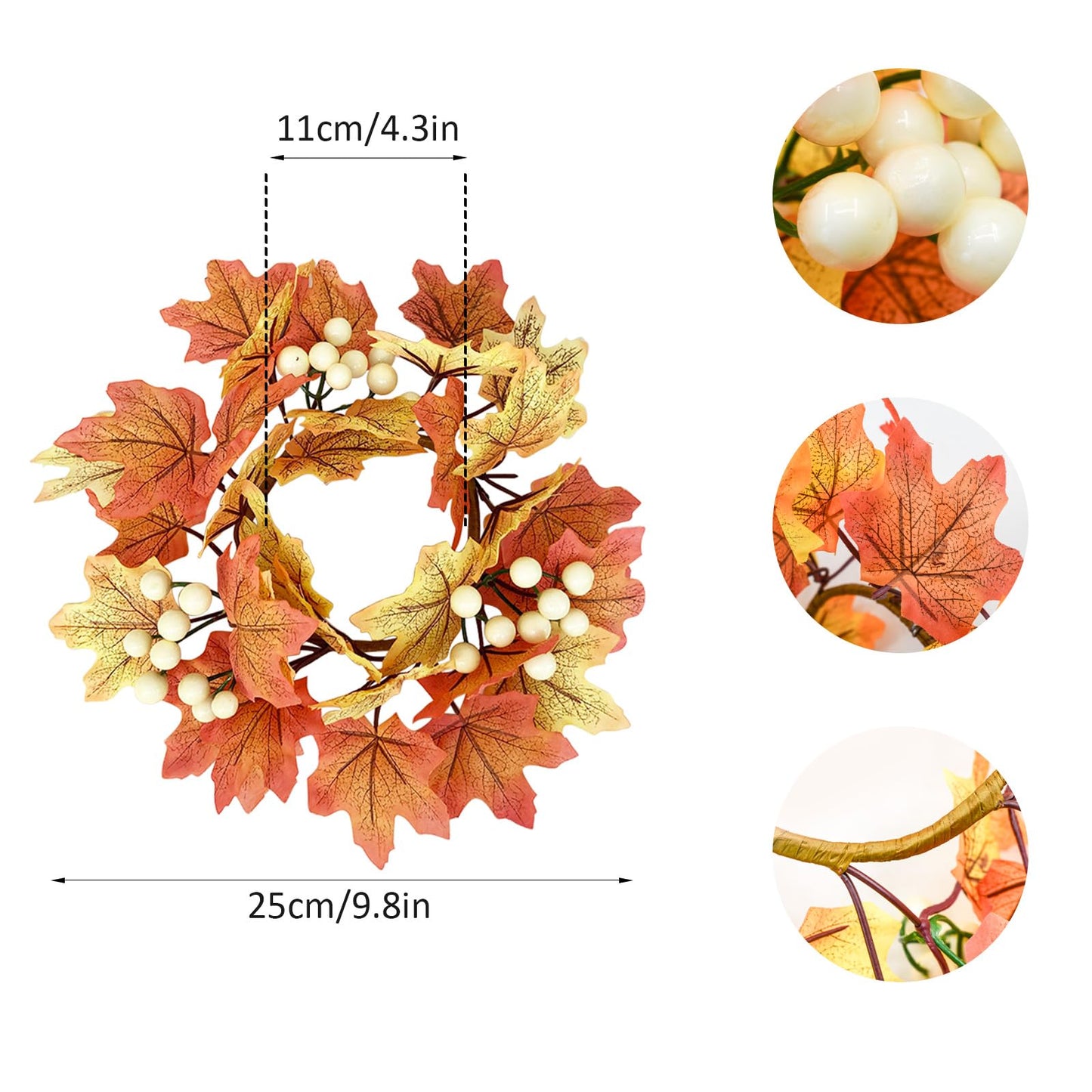 Bacucine 4Pcs Fall Wreaths Small Candle Rings with Maple Leaves Fall Candle Holders Artificial Flower Wreath for Wedding Farmhouse Door Home Table Home Decor