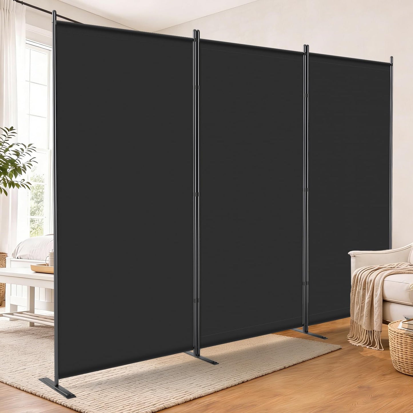 AKTOP 3 Panel Room Divider 6FT – 103" W x 70" H Folding Privacy Screen, Freestanding Fabric Room Partition, No-Drill Temporary Wall Divider for Apartment, Dorm, Studio, Home Office, Bedroom – Black