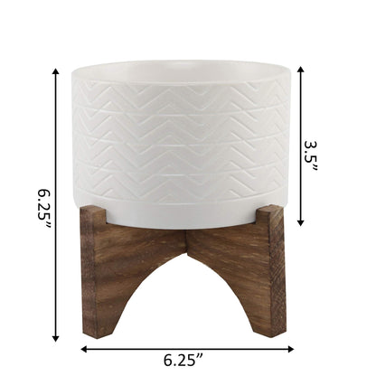 Flora Bunda Mid-Century 5 Inch Wavy Ceramic Planter on Wood Stand,Matte White Wavy 5"