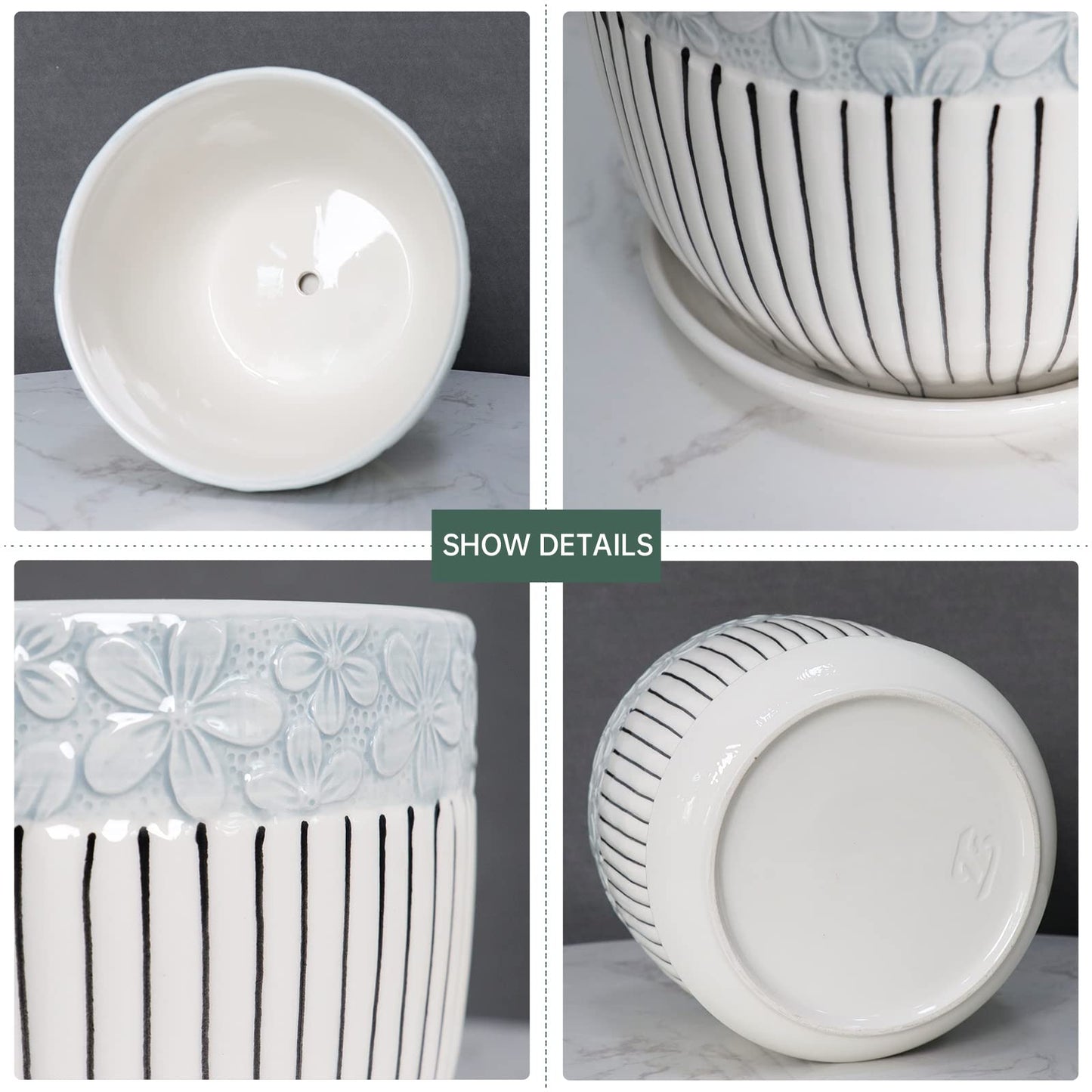 Ton Sin Grey Flower Pots, Texture Planter for Indoor Plants Set of 3 Ceramic Flower Pots with Saucer, Cute Garden Pots Succulent Pots, 6.75/5.6/4.2 Inch, Indoor Outdoor Home Garden Decor