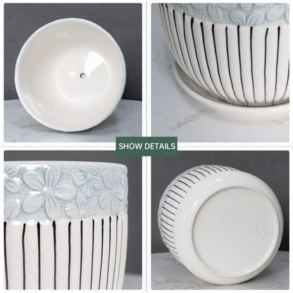 Ton Sin Grey Flower Pots, Texture Planter for Indoor Plants Set of 3 Ceramic Flower Pots with Saucer, Cute Garden Pots Succulent Pots, 6.75/5.6/4.2 Inch, Indoor Outdoor Home Garden Decor