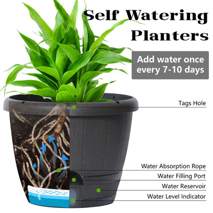 Sun-E 10 Inch Self Watering Planters 3-Pack - Rustic Whiskey Barrel Flower Pots with Water Level Indicator & Drainage, Farmhouse Decor for Indoor Outdoor Plants (Dark Brown Wood Grain)