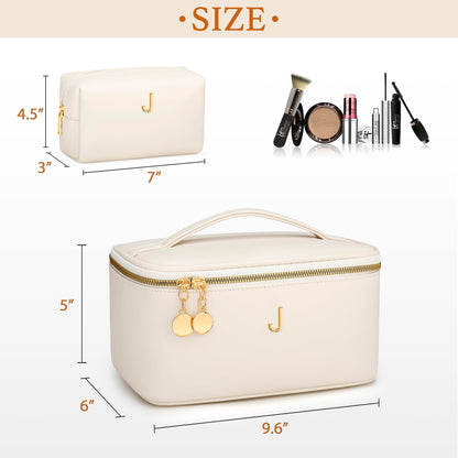 CLOUDWINGS Personalized Initial Makeup Bag Gifts for Women, Large Travel Cosmetic Organizer with Handle & Divider, PU Leather Toiletry Bag for Girls, Birthday Bridesmaid Gift Set - Beige - J