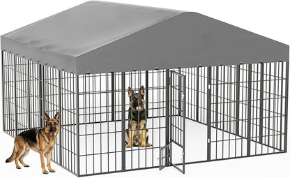 Gotland Dog Kennel Outdoor 10 x10 x6 FT, Dog Cage Outdoor for Medium/Large Dogs with Feeding Door Waterproof Roof Double Secure Locks Ground Spikes, All Weather Heavy Duty Dog Enclosure for Backyard