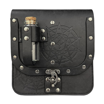 HiiFeuer Medieval Alchemy Faux Leather Belt Bag with Cork Potion Vials, Fantasy Wizard Waist Pouch Side Pack for Halloween (Black C)
