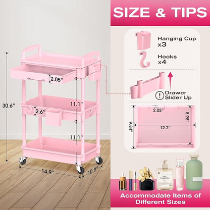 Goovilla Rolling Makeup Organizer Cart with Removable Drawer, 3 Tier Stable Pink Floor Skincare Storage Cart for Vanity, Cosmetic Display, Nail Polish, Perfume, Hair Stuff, Beauty, Bathroom(Plastic)