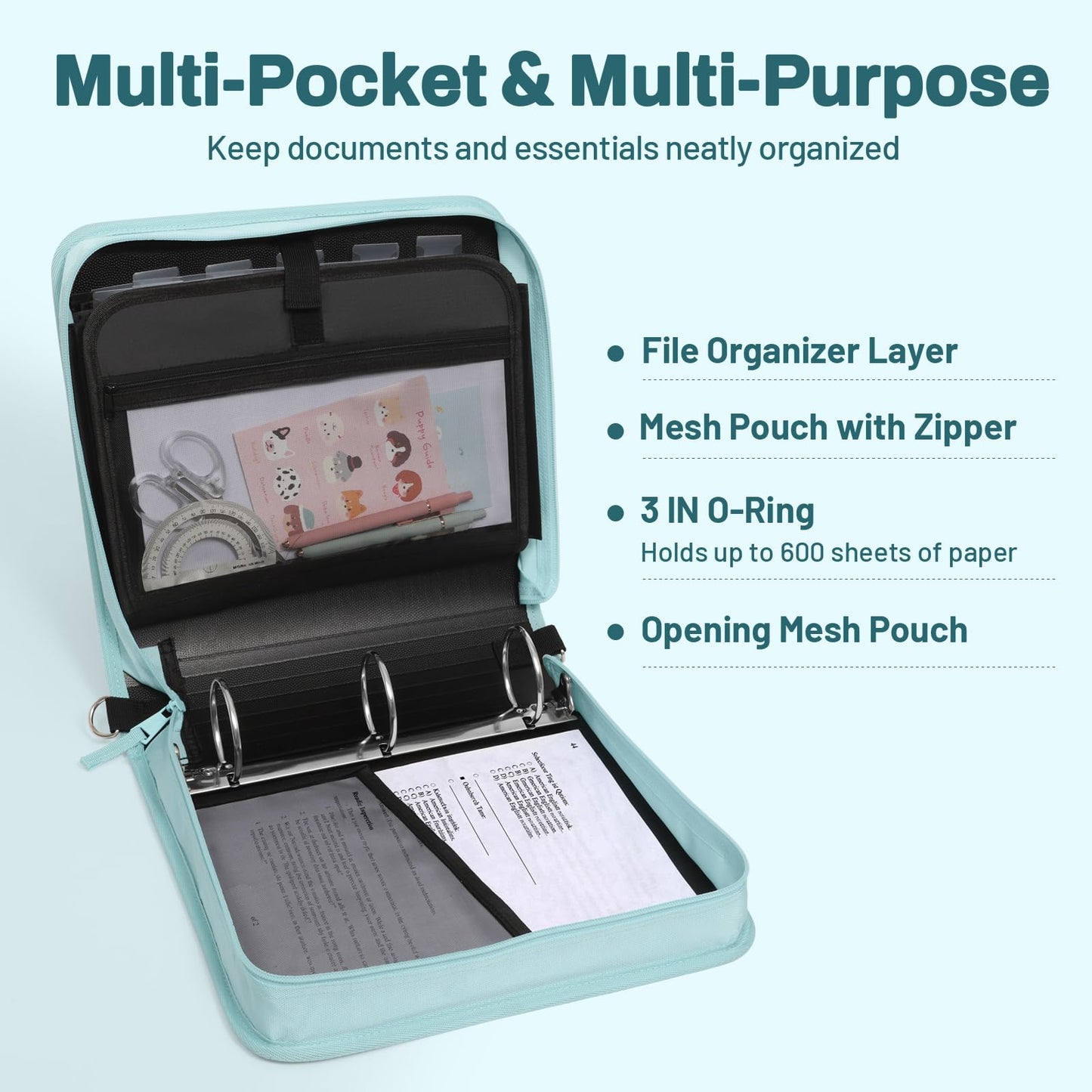 SUNEE Zipper Binder 3 Ring, 3 Inch O-Ring with Handle and Shoulder Strap, 600-Sheet Capacity, 5-Tab Expanding File Folder, Multi-Pockets for Middle School Organizer Binder with Zipper, Sky Blue