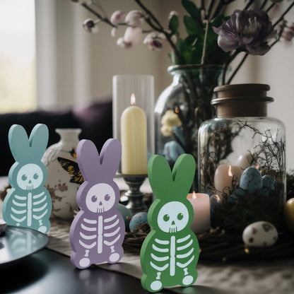 Vicenpal 5 Pcs 9.8'' Summer Halloween Skeleton Bunny Wooden Signs Spooky Halloween Tiered Tray Decor Rabbit Table Centerpiece for Goth Tabletop Decorations for Bedroom Office Shelf Party Supplies