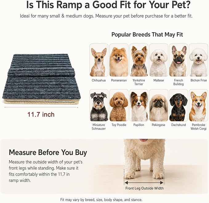 3 Pack Dog Ramp for Stairs – Solid Wood Adjustable & Foldable, 4 Heights, Non-Slip Silicone Base, Traction Felt, Raised Pause Strip, 35lb for Small & Senior Dogs