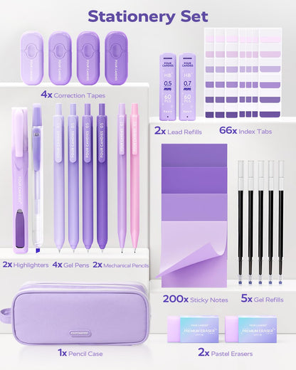 Four Candies Purple College Supplies and Nursing Essentials with Organizer, Gel Pens with Black Ink,Correction Tapes,Pastel Highlighters, Mechanical Pencils, Sticky Notes, Index Post