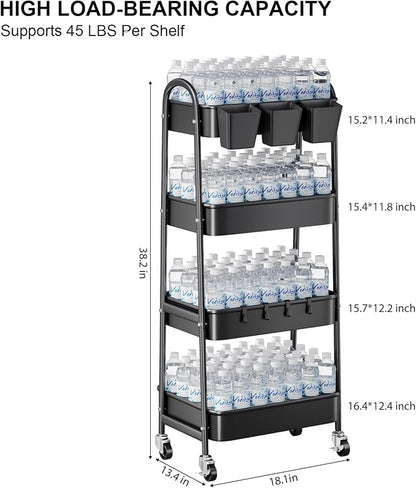 Black 4 Tier Rolling Cart Metal with Lockable Wheels, Four Tiered Tall Storage Rolling Cart on Wheels, Heavy Duty Utility Organizer Carts for Laundry, Kitchen, Dorm, Craft, Art, Snack,Mesh Basket,38in