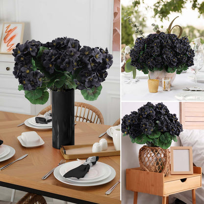 Hananona 6 Pcs Artificial Geranium Flowers for Outdoors Geranium Silk Flowers Outdoor UV Resistant Garden Plants Faux Black Flower for Home Kitchen Halloween Table Centerpieces Decor (6, Black)
