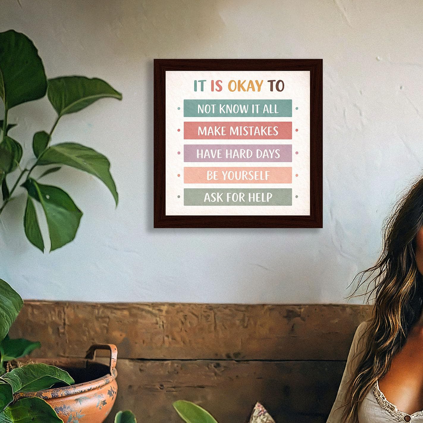 Boho Classroom Wall Decor Wooden Framed Sign - Its Okay To Positive Affirmations Poster for Teacher Elementary School Homeschool Nursery 8x8 Inch