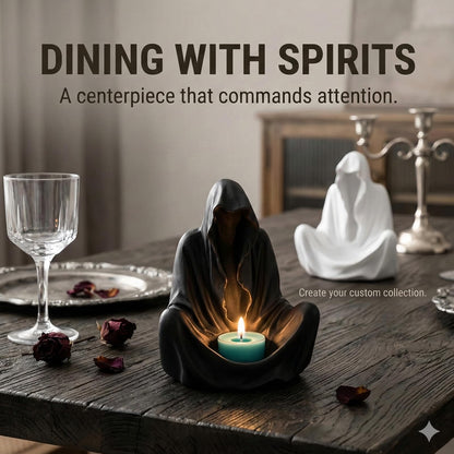 6" Gothic Ghost Candle Holder - Faceless Wizard Tea Light Burner, Dark Academia Bookshelf Decor for Halloween - Resin (White)