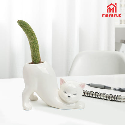 Cute Cat Planter Pot Indoor Flower Vase, Kitty Sloth Plant Holder Butt Shaped, Unique Tailless Succulent Ceramic Animal Display, Ceramic Bonsai Gift, Lovely Office Desk Living Room Home Outdoor Decor