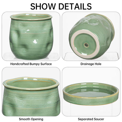 5.7 inch Ceramic Pots for Plants, Plant Pot with Drainage Hole and Saucer Sage Green Ceramic Indoor Planter with Tray Decorative Flower Pots for Succulent, Cactus, Snake Plant, Herb Indoor Outdoor