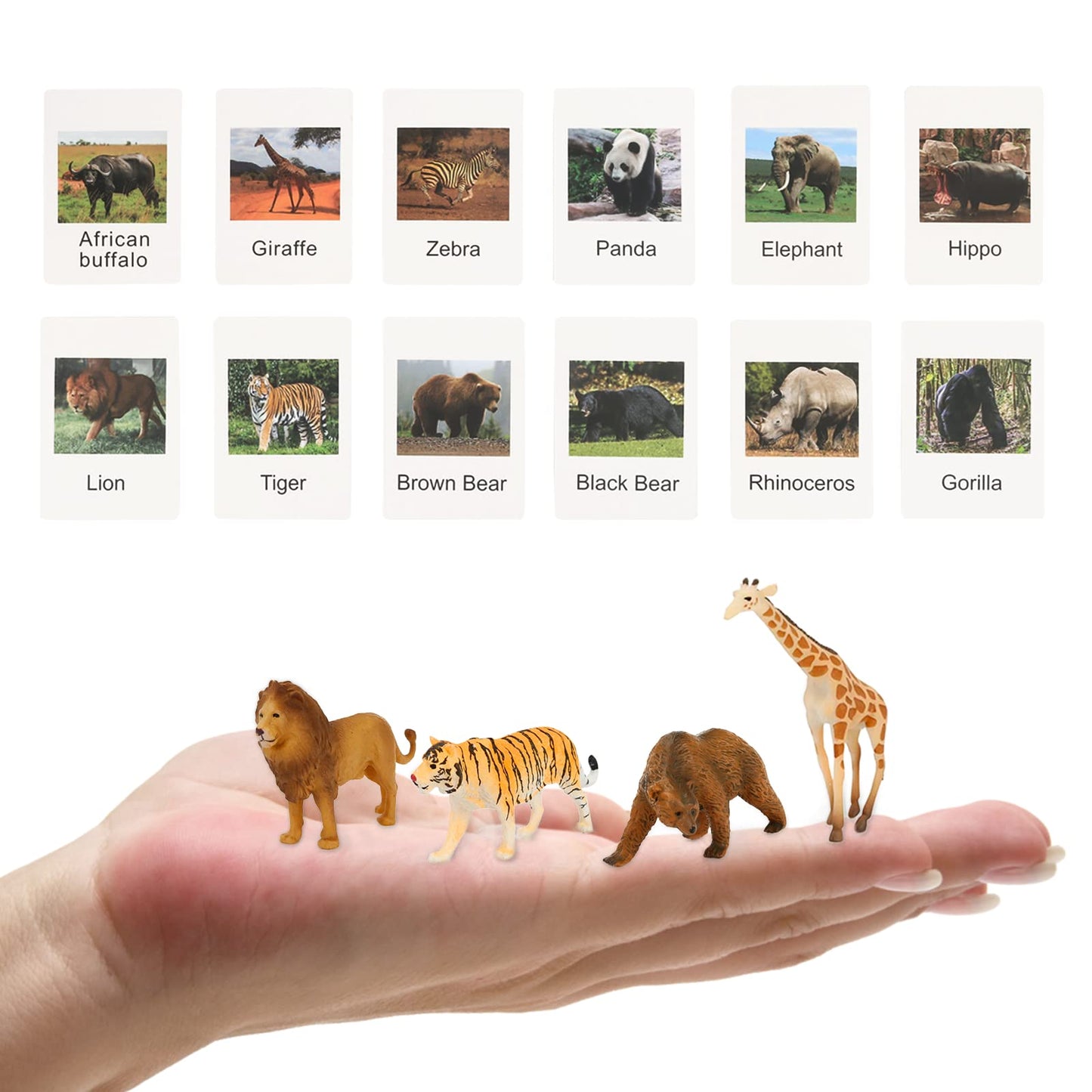 Montessori Safari Animal Matching Game, 12PCS Realistic Zoo Animal Figurines with Flash Cards, Preschool Science Educational Learning Toys for Toddlers Kids, Homeschool Montessori Toys