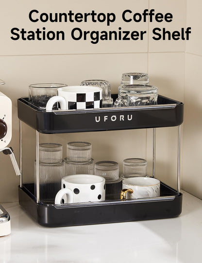 UFORU Countertop Coffee Station Organizer, 2 Tier Wine Glass Holder, Mug Display Shelf with Removable Drain Tray, Spice & condiment Rack for Kitchen, Bathroom Countertop Organizer, Black