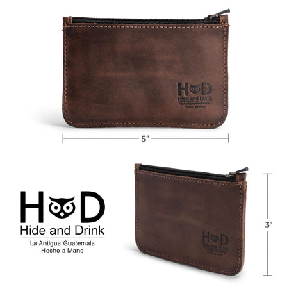 Hide & Drink, Zippered Wallet, Card Case, Folded Bills Storage, Coin Organizer, Travel Accessories, Full Grain Leather, Handmade, Bourbon Brown