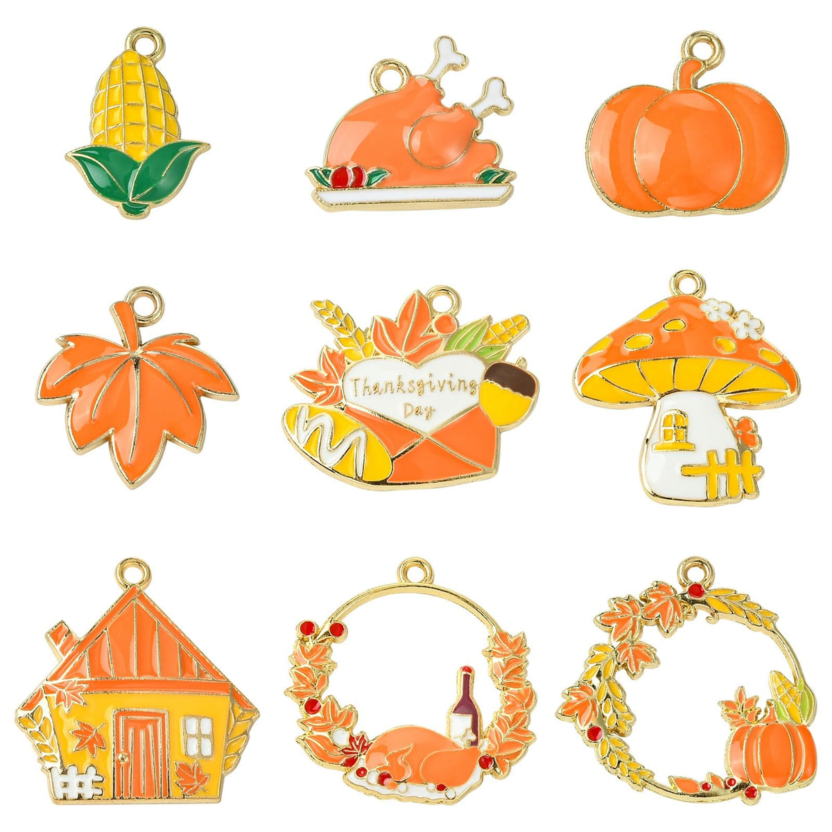 Ipotkitt 18pcs 9 Styles Thanksgiving Themed Enamel Charms Leaf Pumpkin Metal Charms Autumn Forest Hanging Ornaments for DIY Craft Bracelet Key Jewelry Making