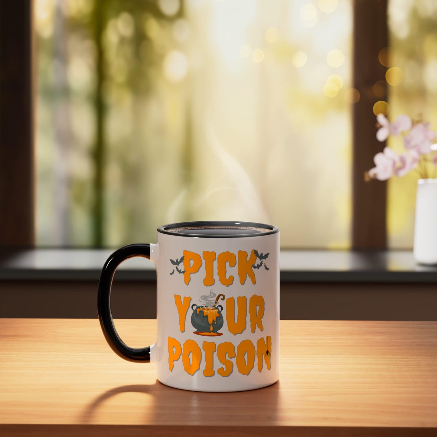 Pick Your Poison, Halloween Host Bartender Trainer Doctor Ceramic Mug, Black/White
