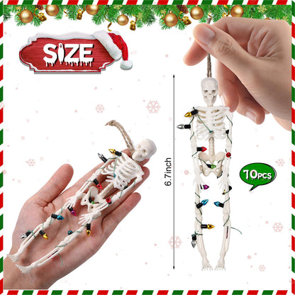 Tujoe 10 Pcs Christmas Skeleton Wrapped in Lights 6.7 Inch Christmas Tree Hanging Ornament Scary Skeletons Mini Skeletons Figurines for Haunted House Graveyard Halloween Party Decor