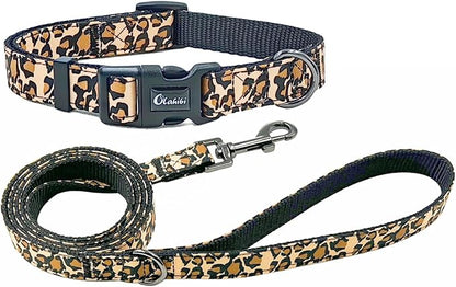 Dog Collar Leash Set, Leopard Pattern, Nylon Webbing Plus Cotton Ribbon, 5ft Matching Leash, for Medium Dogs.(M, Brown Leopard)