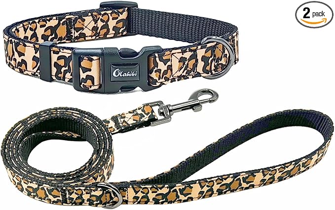 Dog Collar Leash Set, Leopard Pattern, Nylon Webbing Plus Cotton Ribbon, 5ft Matching Leash, for Small Dogs.(S, Brown Leopard)