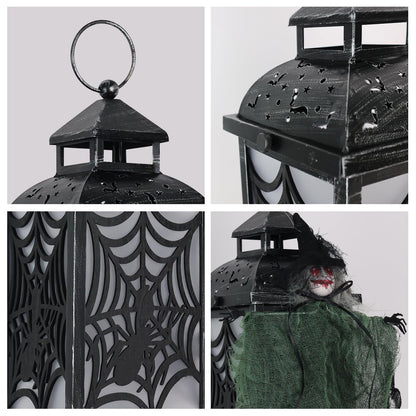 DECORKEY Halloween Decorations Indoor, 14.7" Spider Web Candle Glitter Lantern with LED Lights (8 Modes), Hanging Halloween Lanterns with Witch, Outdoor Home Room Table Party Hocus Pocus Decor