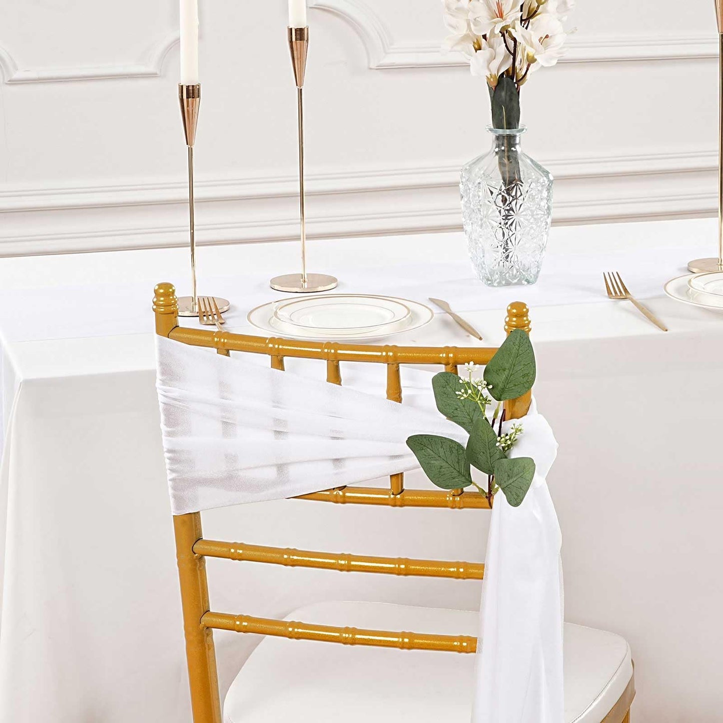 QueenDream White Chair Sashes Wedding Aisle Decorations: 24 Packs 8ft Long Draping Fabric Sheer Church Chair Cover Bulk for Party Banquet