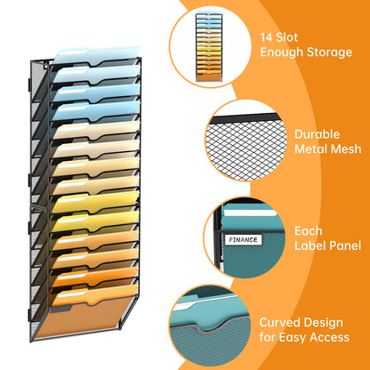 SUPEASY 14 Tier Wall File Organizer, Hanging Wall Mounted Mail Organizer with Label Slots, Metal Mesh File Holder Magazine Rack for Office, Home, School or Classroom, Black