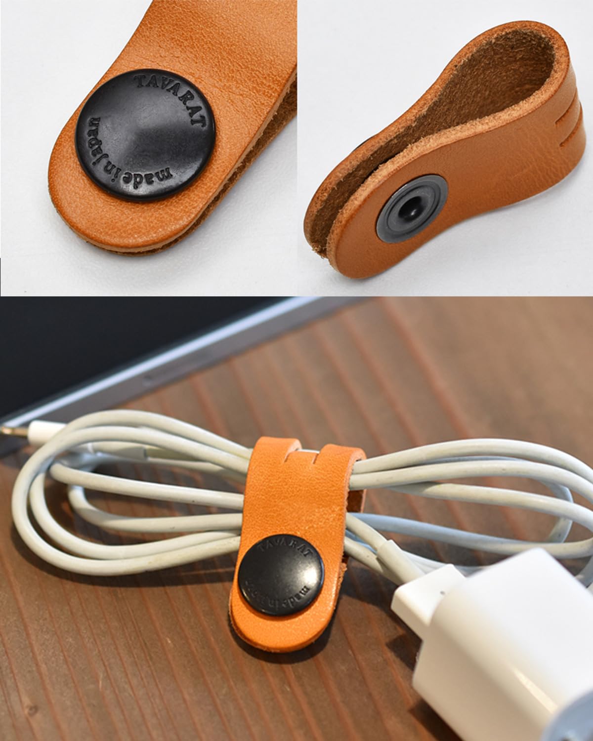 TAVARAT Cord Organizer, Cable Organizer, Charger Organizer, made in Japan, Genuine Leather, Cable Straps, Cable management, Cable Holder (Black, set of 3)