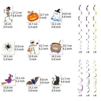 AimtoHome Halloween Hanging Party Decorations, 48 Pcs,Ceiling Decor Indoor Swirl Witches Cauldron Ghost Pumpkin Skull Cat Witch Party Supplies Sign,Black Purple Orange