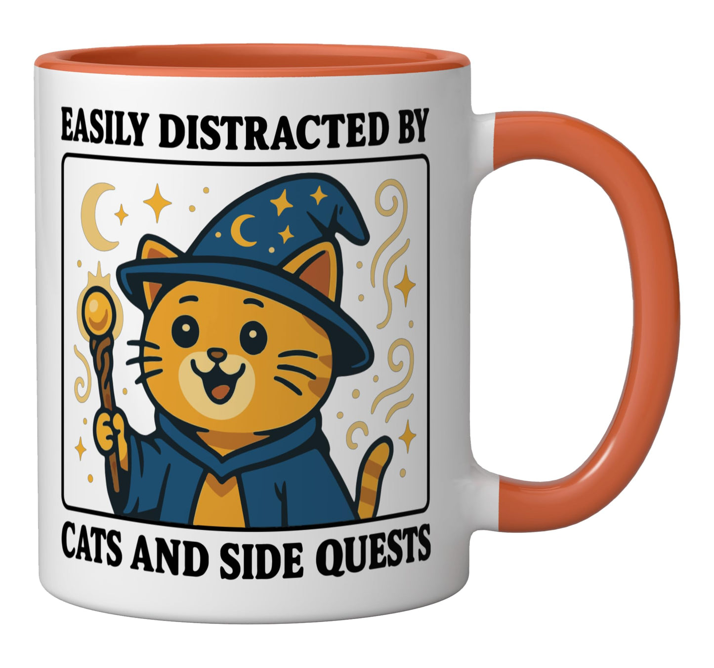Easily Distracted By Cats And Side Quests Ceramic Mug, Orange/White