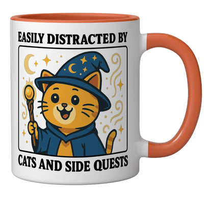 Easily Distracted By Cats And Side Quests Ceramic Mug, Orange/White