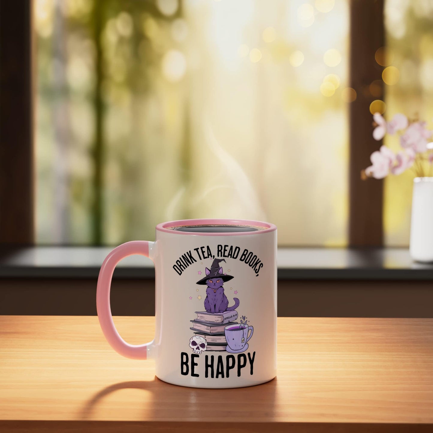 Drink Tea Read Books Be Happy Whimsigoth Halloween design Ceramic Mug, Pink/White