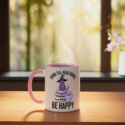 Drink Tea Read Books Be Happy Whimsigoth Halloween design Ceramic Mug, Pink/White