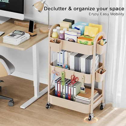 Beige 3 Tier Rolling Cart Metal on Wheels, Three Tiered Storage Organizer Utility Trolley with Wheels for Art, Craft, Baby Diaper Caddy, Snack, Book, Nail, Lash, Cleaning Supplies, Kitchen, Bathroom