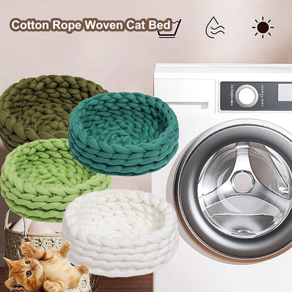 Woven Dog Bed Basket, Knitted Cotton Cat Bed Round Washable Woven Cat Pet Bed Chunky Dog Basket, Orthopedic, Chunky Knit Dog Nest,Dog Bed,Dog Cave,Dog Bedding(Blue,19")