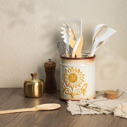 SOCOSY Ceramic Retro Sunflower Embossed Kitchen Utensil Holder, Large Cooking Utensil Crocks for Kitchen Countertop, Utensil Organizer