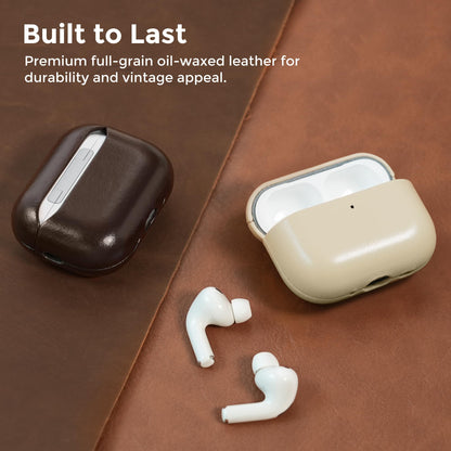 Bouixel for AirPods Pro 3 Case, Handcrafted Oil-Waxed Genuine Leather Case, Silky Smooth Touch, Wireless Charging, Shockproof Protective Cover with Lanyard for Apple AirPods Pro 3rd Gen (2025), Beige